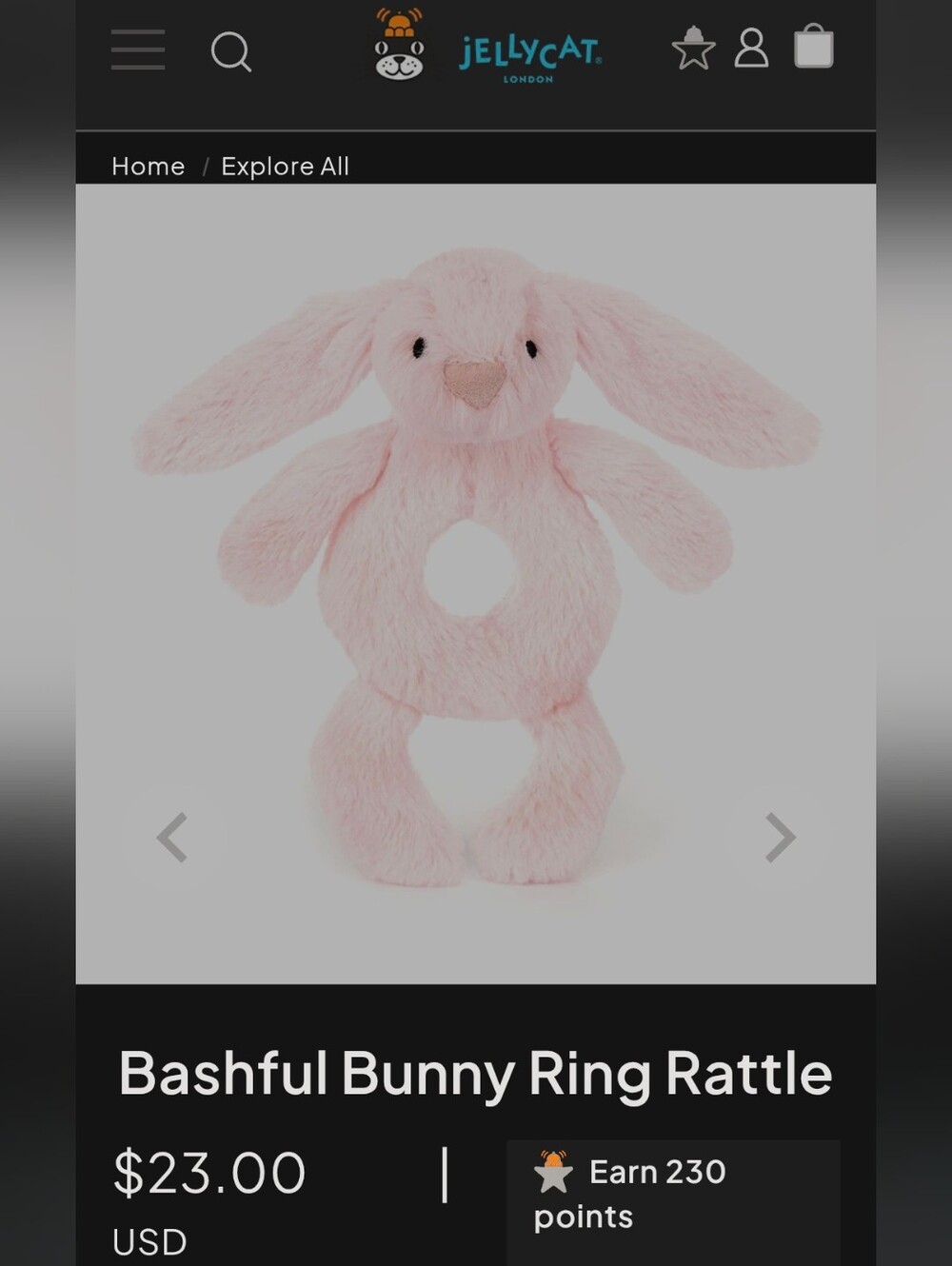 Jelly Cat Bashful Bunny Ring Rattle - Pink